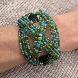 Turquoise Teal Multi Strand Seed Bead Cuff Bracelet Memory Wire Boho